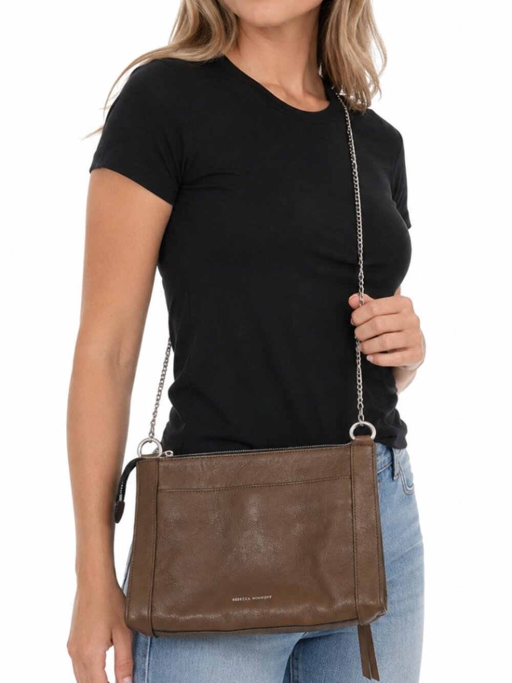 REBECCA MINKOFF M.A.B. Studded Crossbody Bag Purse Brown Leather Chain Strap